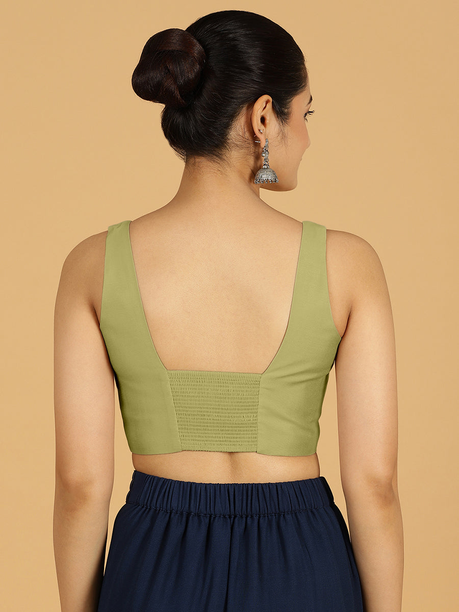 Kasturi x Rozaana Saree Blouse, in Green Viscose, featuring sleeveless and square neckline, made for daily & work (view 2).