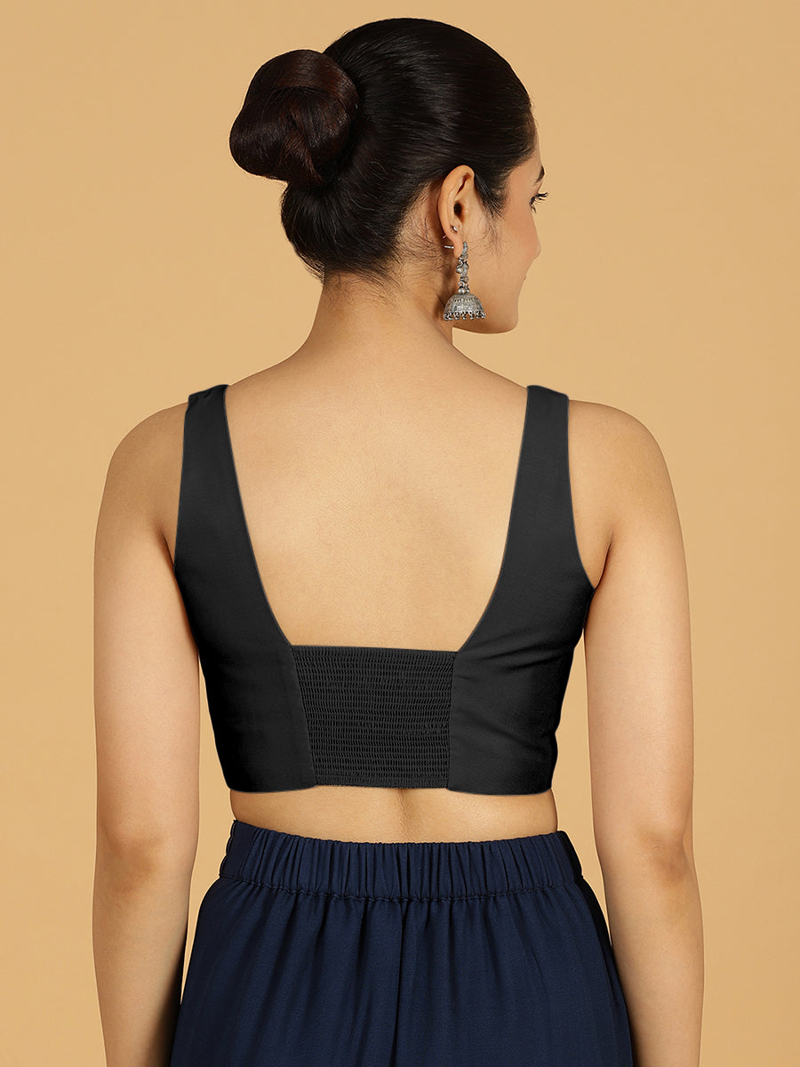 Kasturi x Rozaana Saree Blouse, in Black Viscose, featuring sleeveless and square neckline, made for daily & work (view 2).