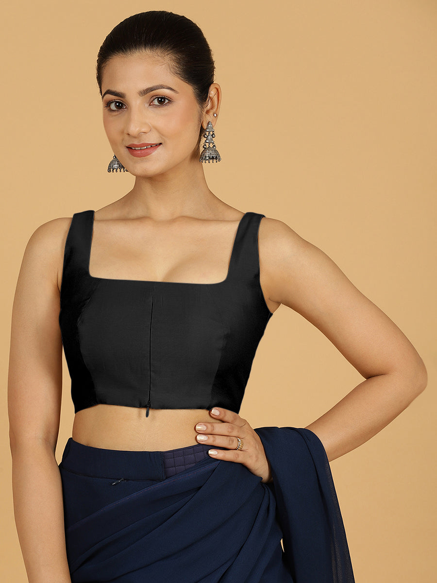 Kasturi x Rozaana Saree Blouse, in Black Viscose, featuring sleeveless and square neckline, made for daily & work (view 6).