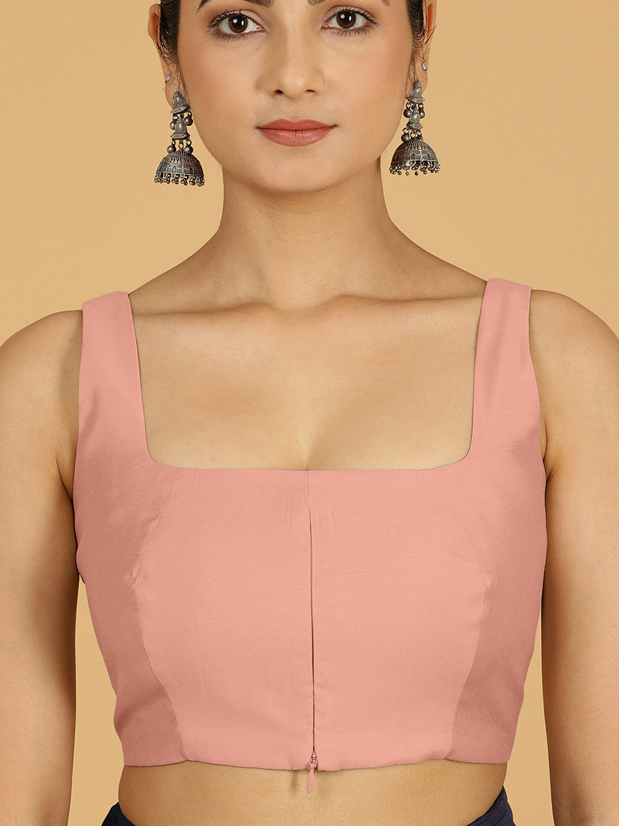 Kasturi x Rozaana Saree Blouse, in Pink Viscose, featuring sleeveless and square neckline, made for daily & work (view 3).