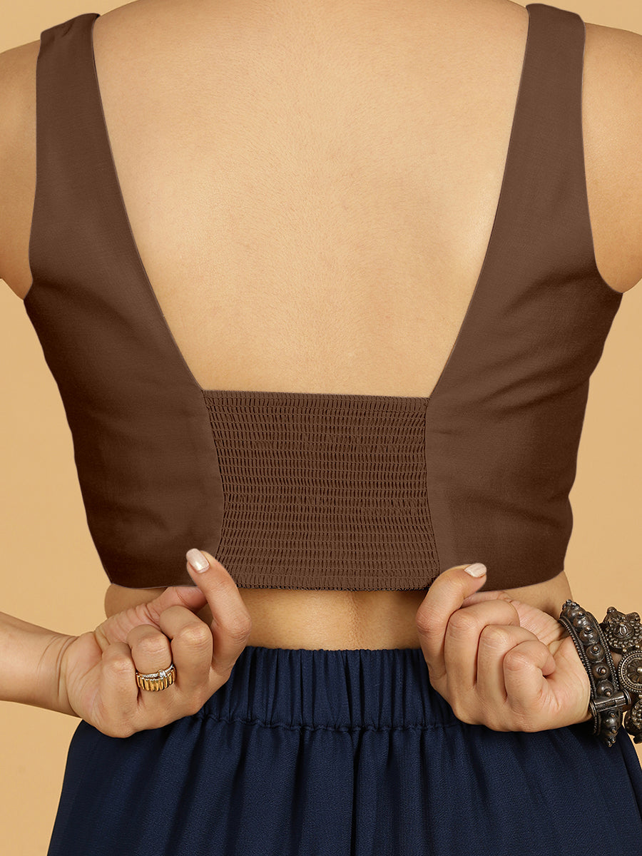 Kasturi x Rozaana Saree Blouse, in Brown Viscose, featuring sleeveless and square neckline, made for daily & work (view 4).