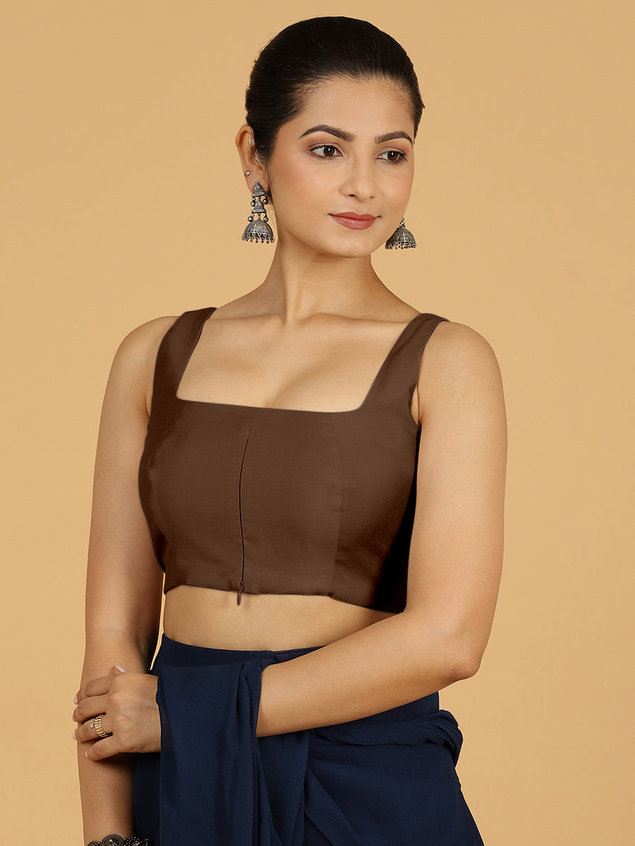Kasturi x Rozaana Saree Blouse, in Brown Viscose, featuring sleeveless and square neckline, made for daily & work (view 7).