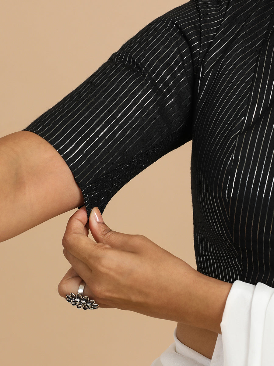 Kaveri x Rozaana Saree Blouse, in Black 100% Cotton & Lurex, featuring elbow sleeves and round neckline (view 4).