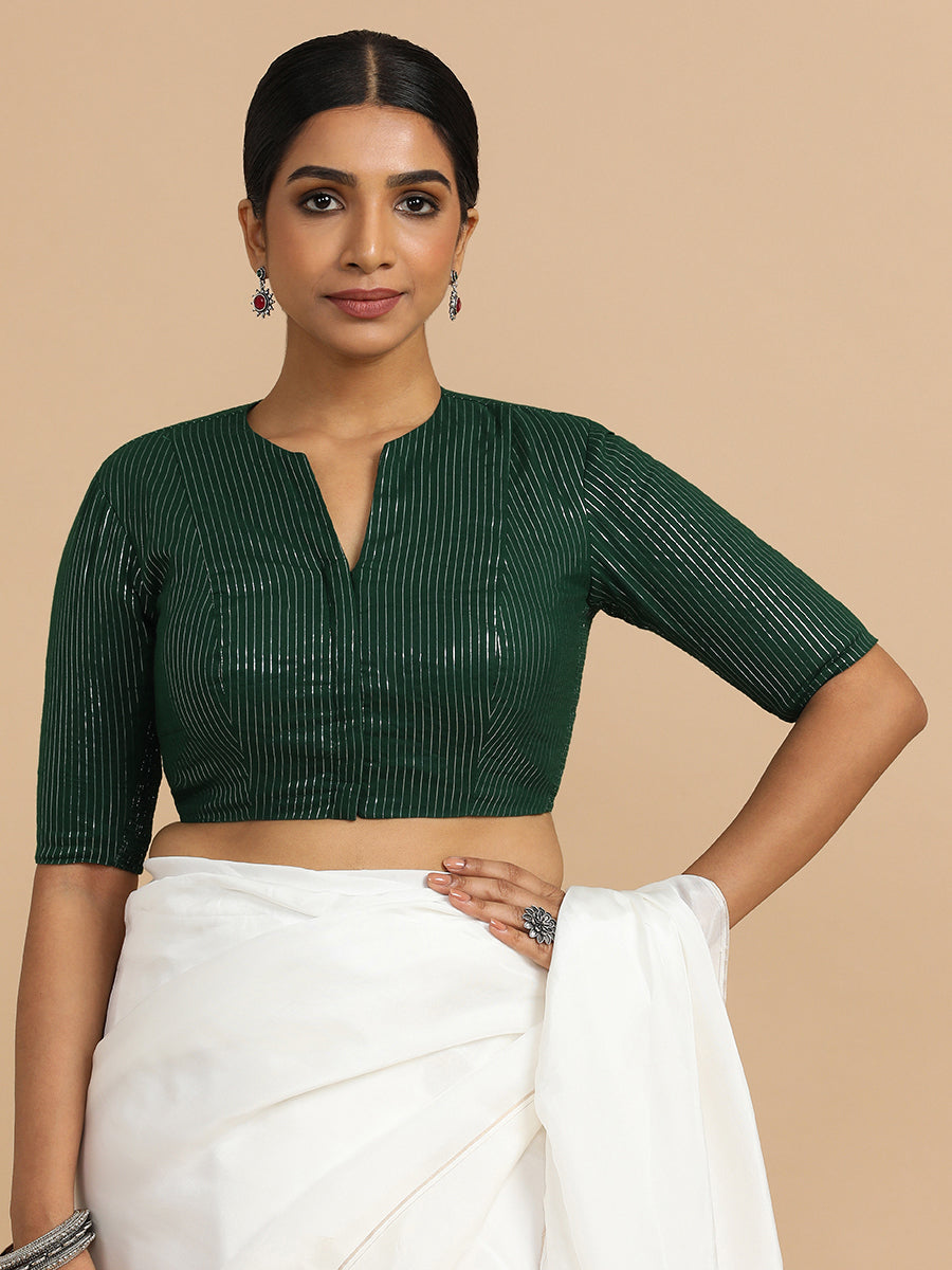 Kaveri x Rozaana Saree Blouse, in Green 100% Cotton & Lurex, featuring elbow sleeves and round neckline (view 5).