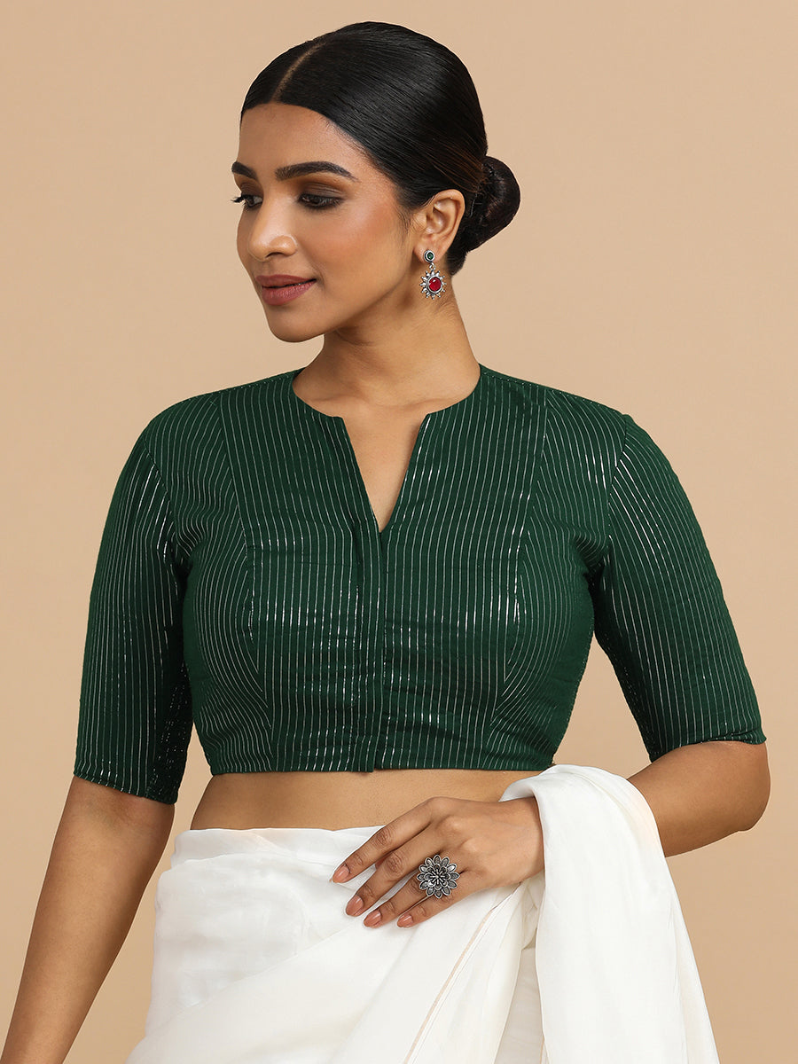 Kaveri x Rozaana Saree Blouse, in Green 100% Cotton & Lurex, featuring elbow sleeves and round neckline (view 7).