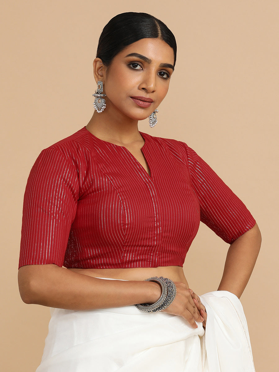 Kaveri x Rozaana Saree Blouse, in Red 100% Cotton & Lurex, featuring elbow sleeves and round neckline (view 6).