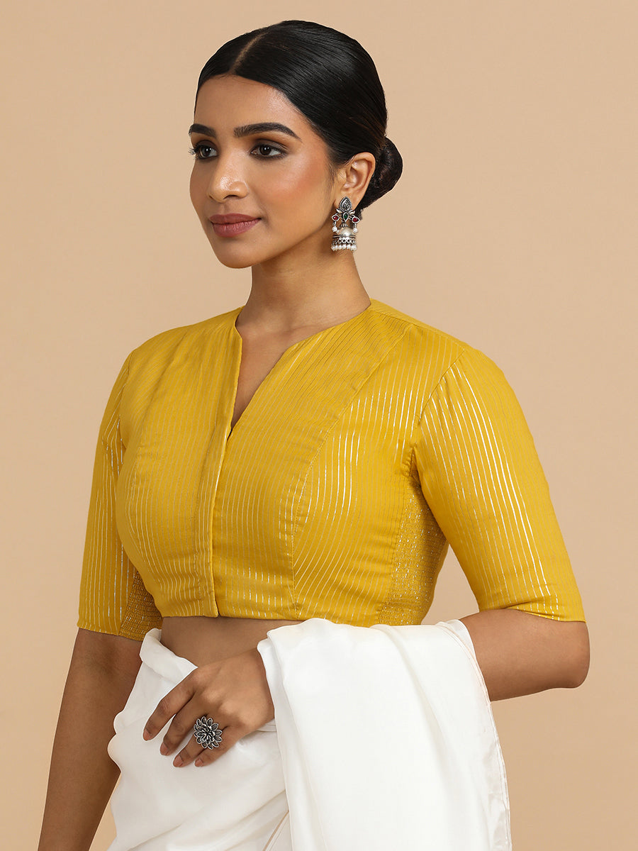 Kaveri x Rozaana Saree Blouse, in Yellow 100% Cotton & Lurex, featuring elbow sleeves and round neckline (view 5).