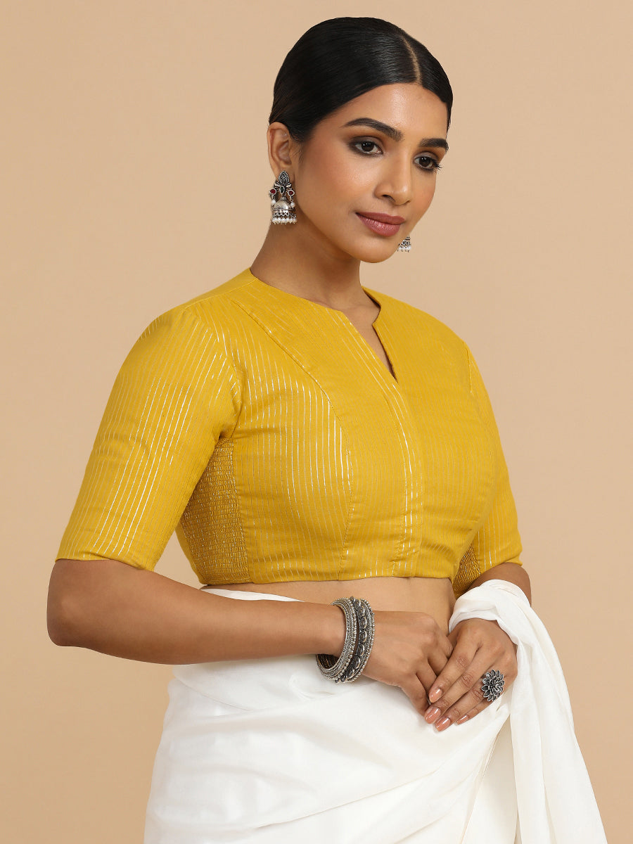 Kaveri x Rozaana Saree Blouse, in Yellow 100% Cotton & Lurex, featuring elbow sleeves and round neckline (view 7).