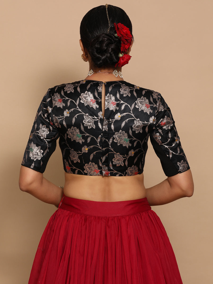 Kavi x Tyohaar Saree Blouse, in Black Embroidery & Brocade, featuring elbow sleeves and jewel neckline (view 2).