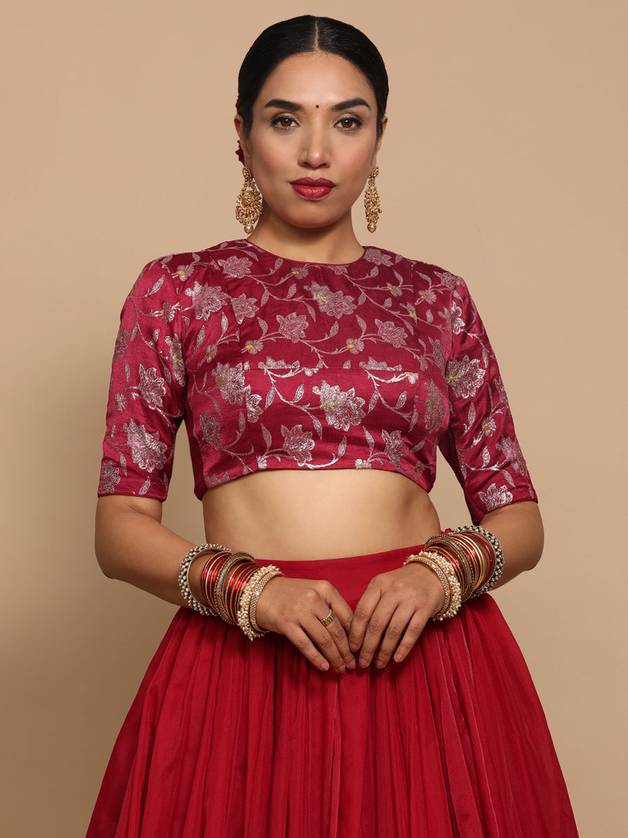 Kavi x Tyohaar Saree Blouse, in Red Embroidery & Brocade, featuring elbow sleeves and jewel neckline (view 3).