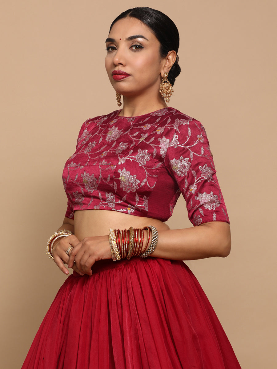 Kavi x Tyohaar Saree Blouse, in Red Embroidery & Brocade, featuring elbow sleeves and jewel neckline (view 6).