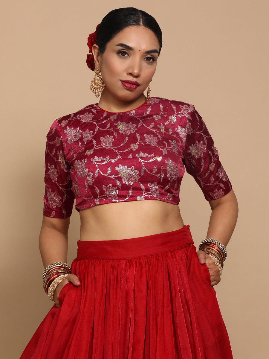 Kavi x Tyohaar Saree Blouse, in Red Embroidery & Brocade, featuring elbow sleeves and jewel neckline (view 7).