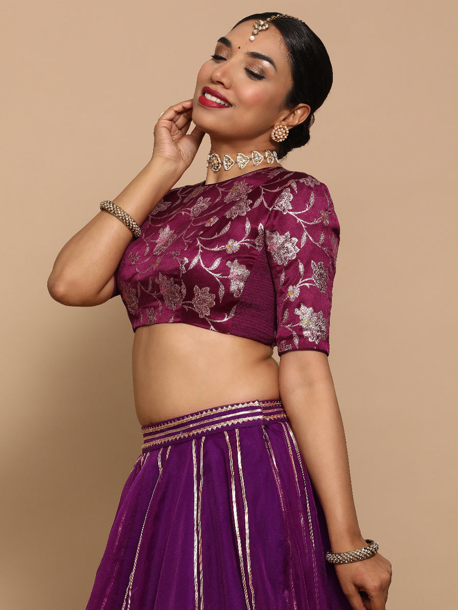 Kavi x Tyohaar Saree Blouse, in Purple Embroidery & Brocade, featuring elbow sleeves and jewel neckline (view 3).