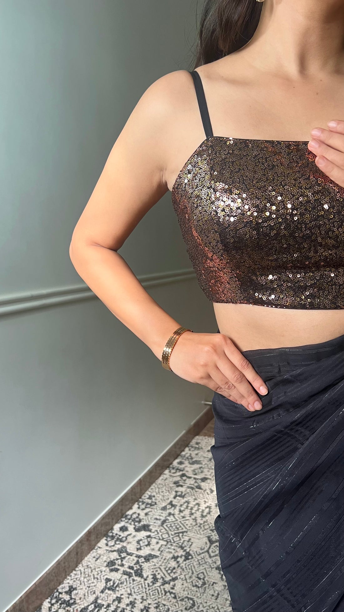 Kesha x Tyohaar Saree Blouse, in Gold Sequin, featuring sleeveless, made for party & festive (view 3).