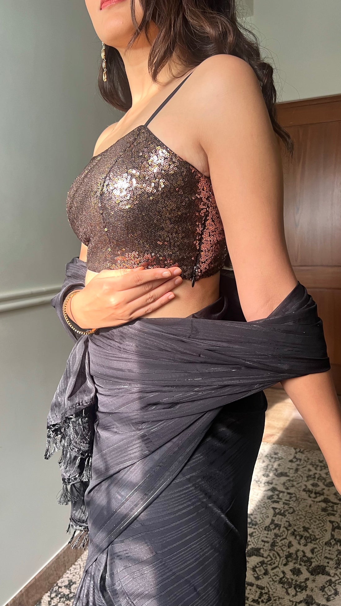 Kesha x Tyohaar Saree Blouse, in Gold Sequin, featuring sleeveless, made for party & festive (view 4).