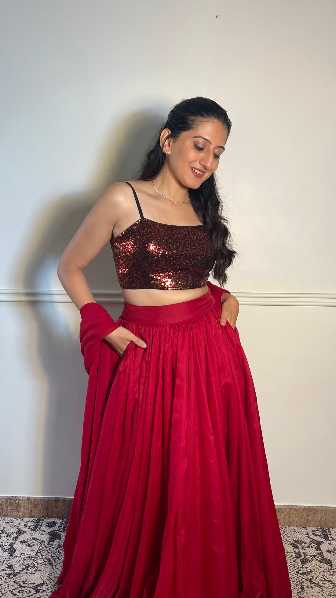 Kesha x Tyohaar Saree Blouse, in Red Sequin, featuring sleeveless, made for party & festive (view 2).