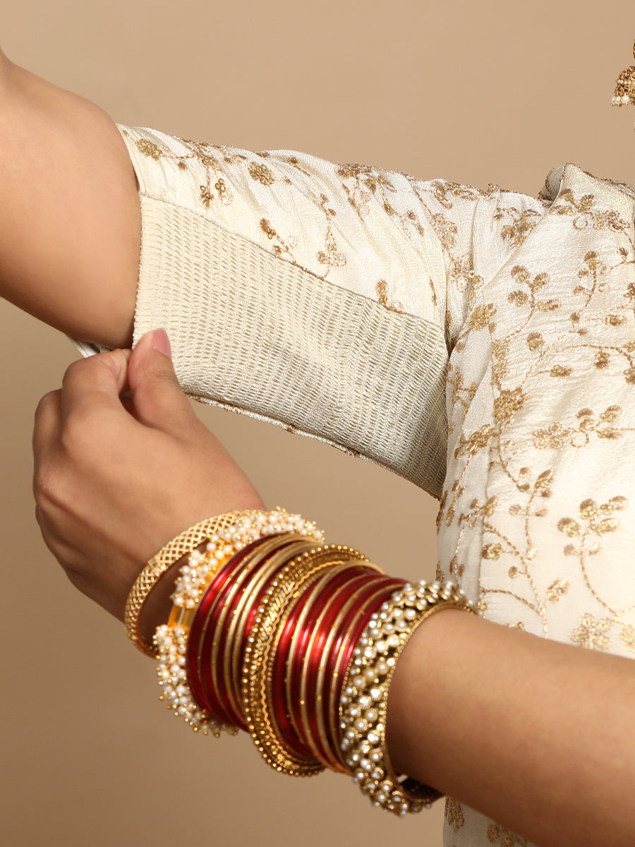 Kiara x Tyohaar Saree Blouse, in Cream Embroidery & Brocade, featuring elbow sleeves and round neckline (view 4).