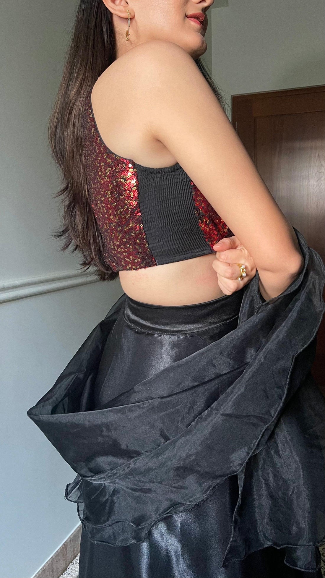Kiki x Tyohaar Saree Blouse, in Red Sequin, featuring sleeveless, made for party & festive (view 2).