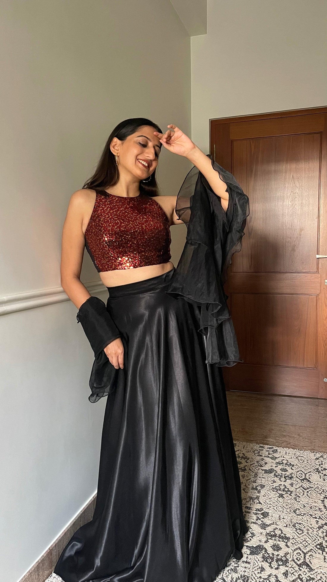 Kiki x Tyohaar Saree Blouse, in Red Sequin, featuring sleeveless, made for party & festive (view 5).