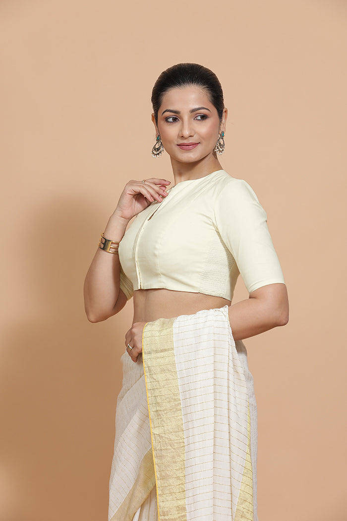 Kinal x Rozaana Saree Blouse, in White Linen, featuring elbow sleeves and round neckline, made for daily & work (view 5).