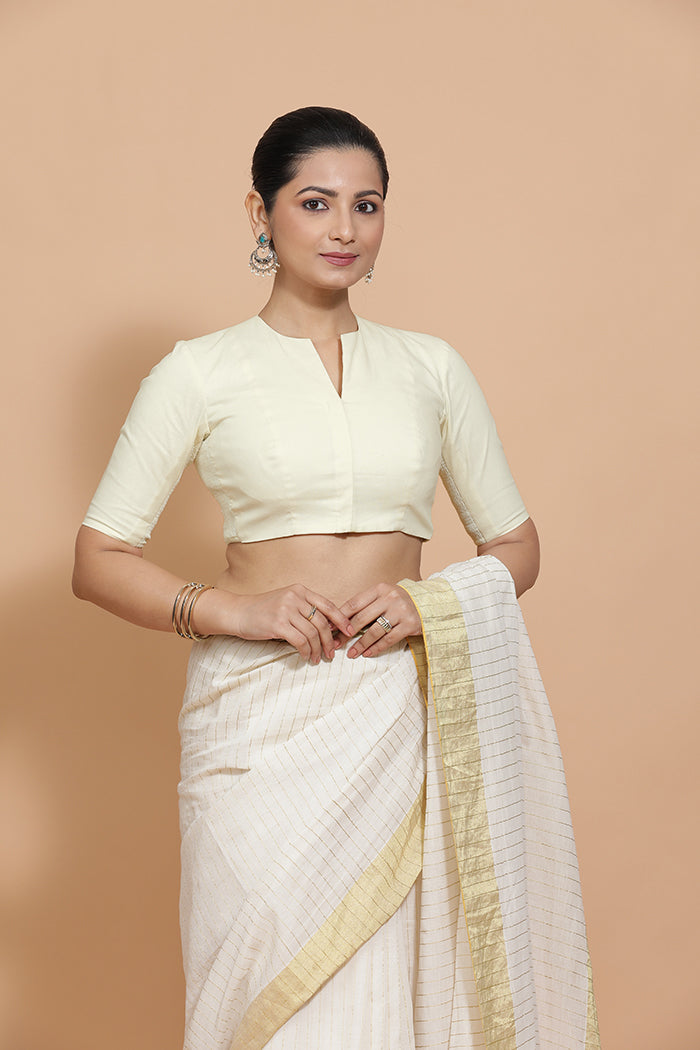 Kinal x Rozaana Saree Blouse, in White Linen, featuring elbow sleeves and round neckline, made for daily & work (view 6).