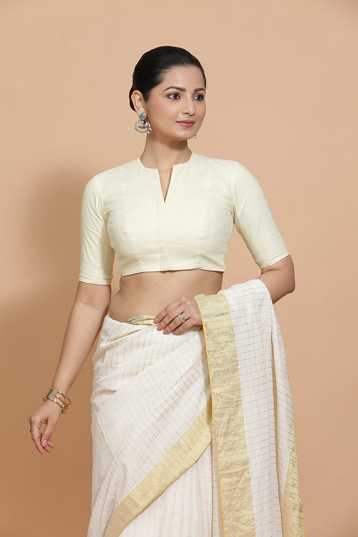Kinal x Rozaana Saree Blouse, in White Linen, featuring elbow sleeves and round neckline, made for daily & work (view 7).