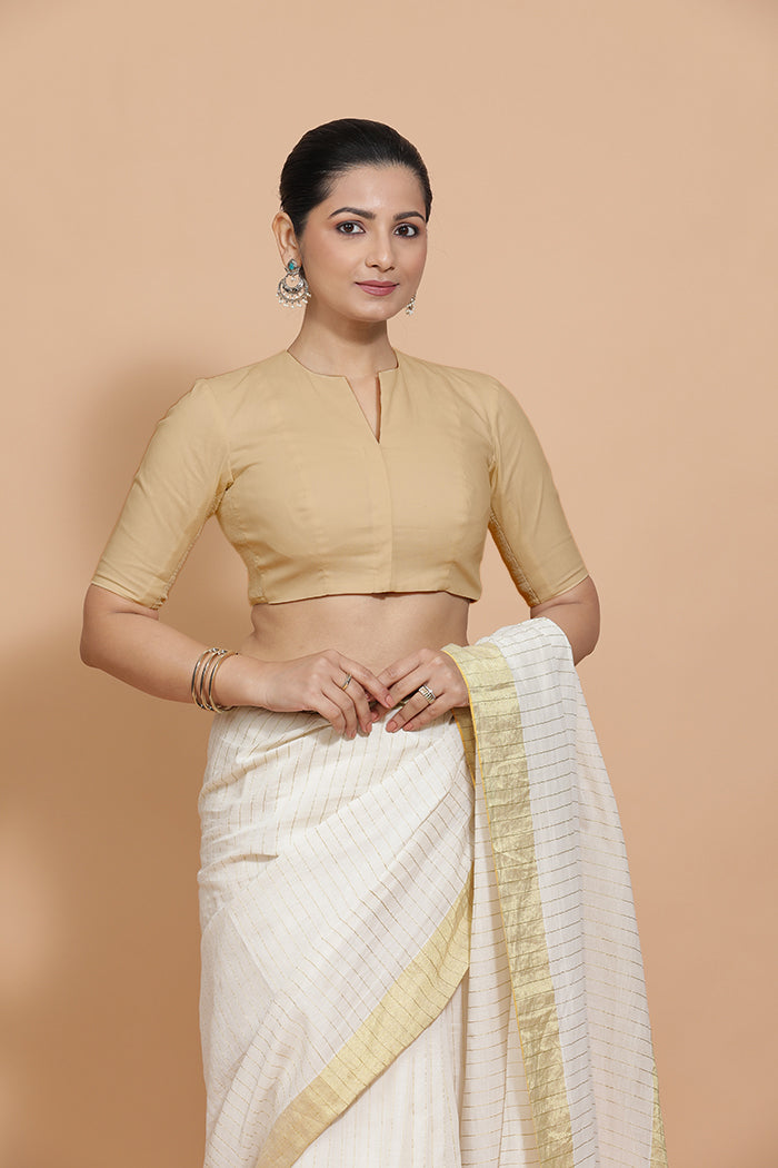 Kinal x Rozaana Saree Blouse, in Beige Linen, featuring elbow sleeves and round neckline, made for daily & work (view 7).