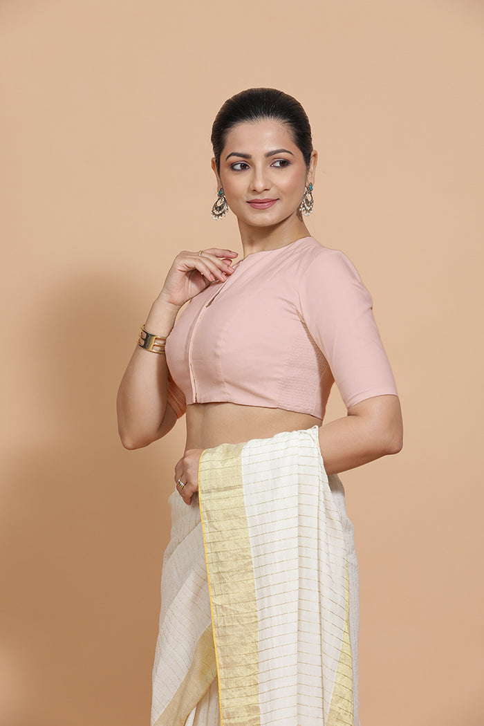 Kinal x Rozaana Saree Blouse, in Pink Linen, featuring elbow sleeves and round neckline, made for daily & work (view 5).
