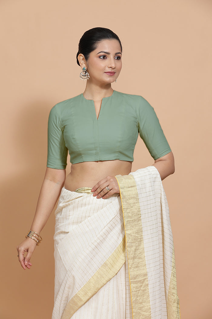 Kinal x Rozaana Saree Blouse, in Green Linen, featuring elbow sleeves and round neckline, made for daily & work (view 7).