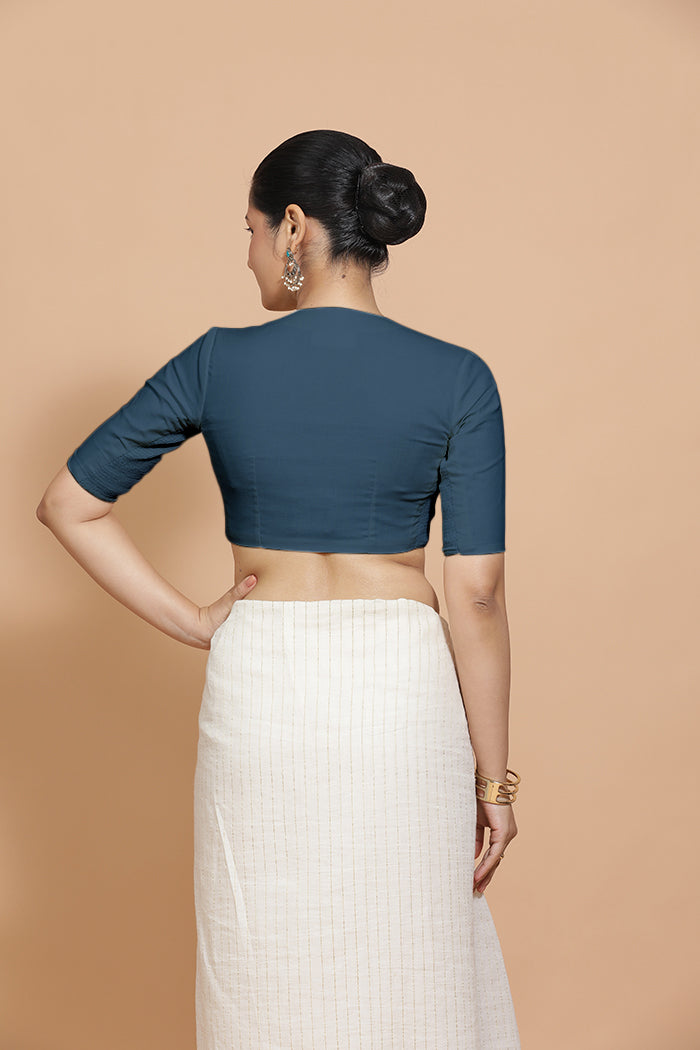 Kinal x Rozaana Saree Blouse, in Blue Linen, featuring elbow sleeves and round neckline, made for daily & work (view 2).