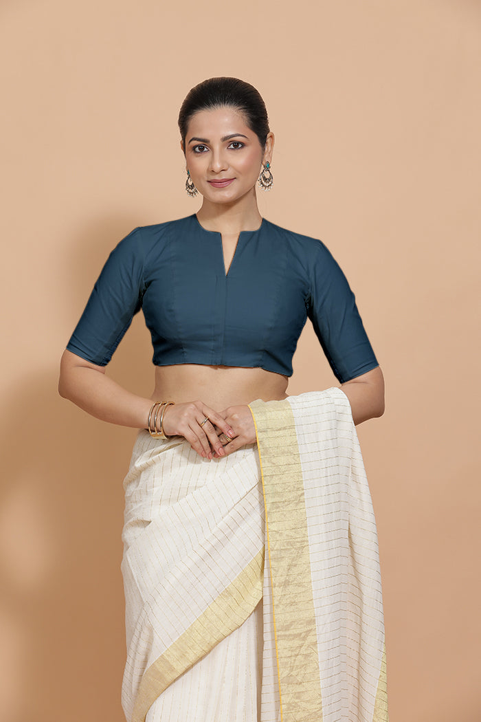 Kinal x Rozaana Saree Blouse, in Blue Linen, featuring elbow sleeves and round neckline, made for daily & work (view 6).