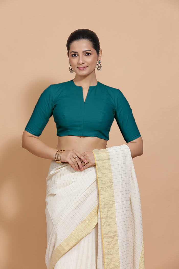 Kinal x Rozaana Saree Blouse, in Blue Linen, featuring elbow sleeves and round neckline, made for daily & work.