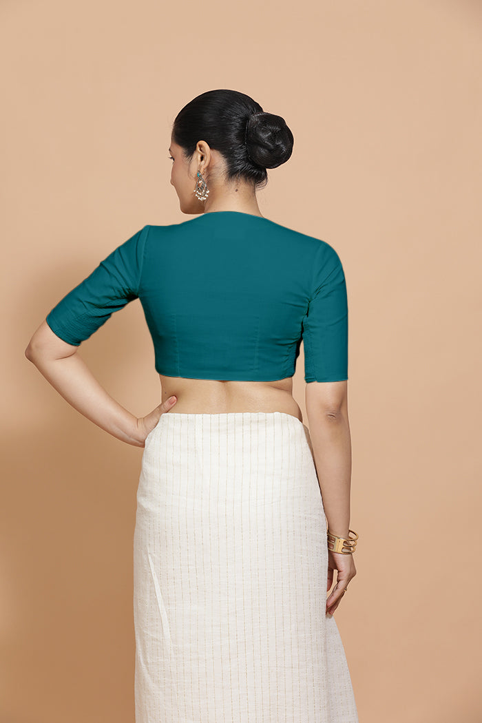 Kinal x Rozaana Saree Blouse, in Blue Linen, featuring elbow sleeves and round neckline, made for daily & work (view 2).