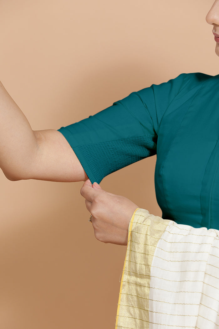 Kinal x Rozaana Saree Blouse, in Blue Linen, featuring elbow sleeves and round neckline, made for daily & work (view 4).
