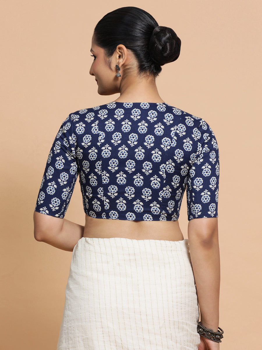 Kirti x Rozaana Saree Blouse, in Blue Cotton, featuring elbow sleeves and v-neckline, made for daily & work (view 4).