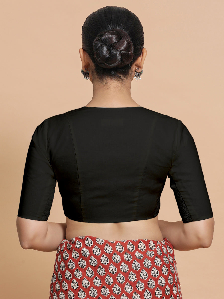 Koel x Rozaana Saree Blouse, in Black Cotton, featuring elbow sleeves and round neckline, made for daily & work (view 2).