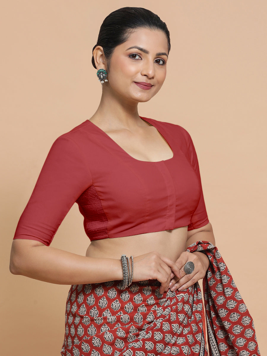 Koel x Rozaana Saree Blouse, in Red 100% Cotton - Solid, featuring elbow sleeves and round neckline, made for daily & work.