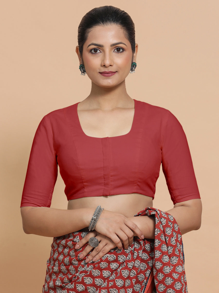Koel x Rozaana Saree Blouse, in Red 100% Cotton - Solid, featuring elbow sleeves and round neckline, made for daily & work.