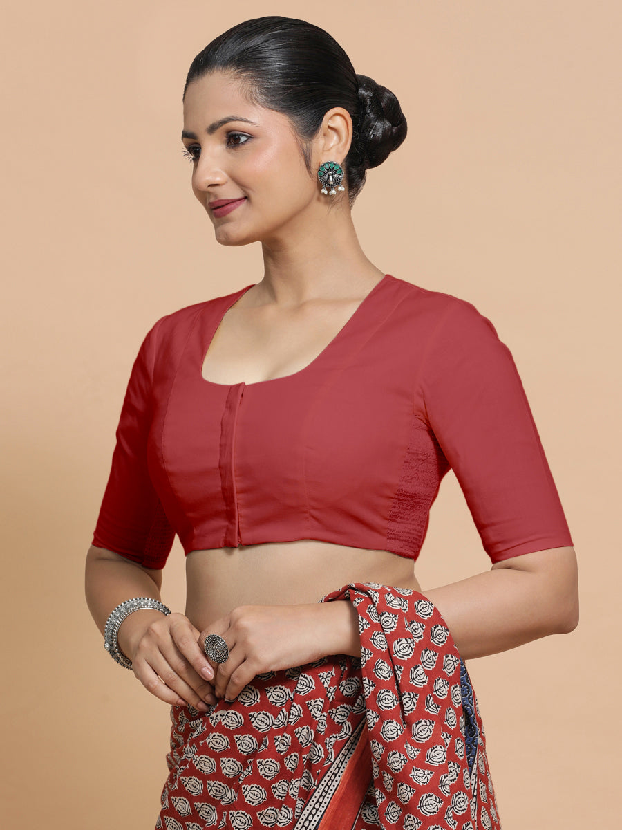 Koel x Rozaana Saree Blouse, in Red 100% Cotton - Solid, featuring elbow sleeves and round neckline, made for daily & work.