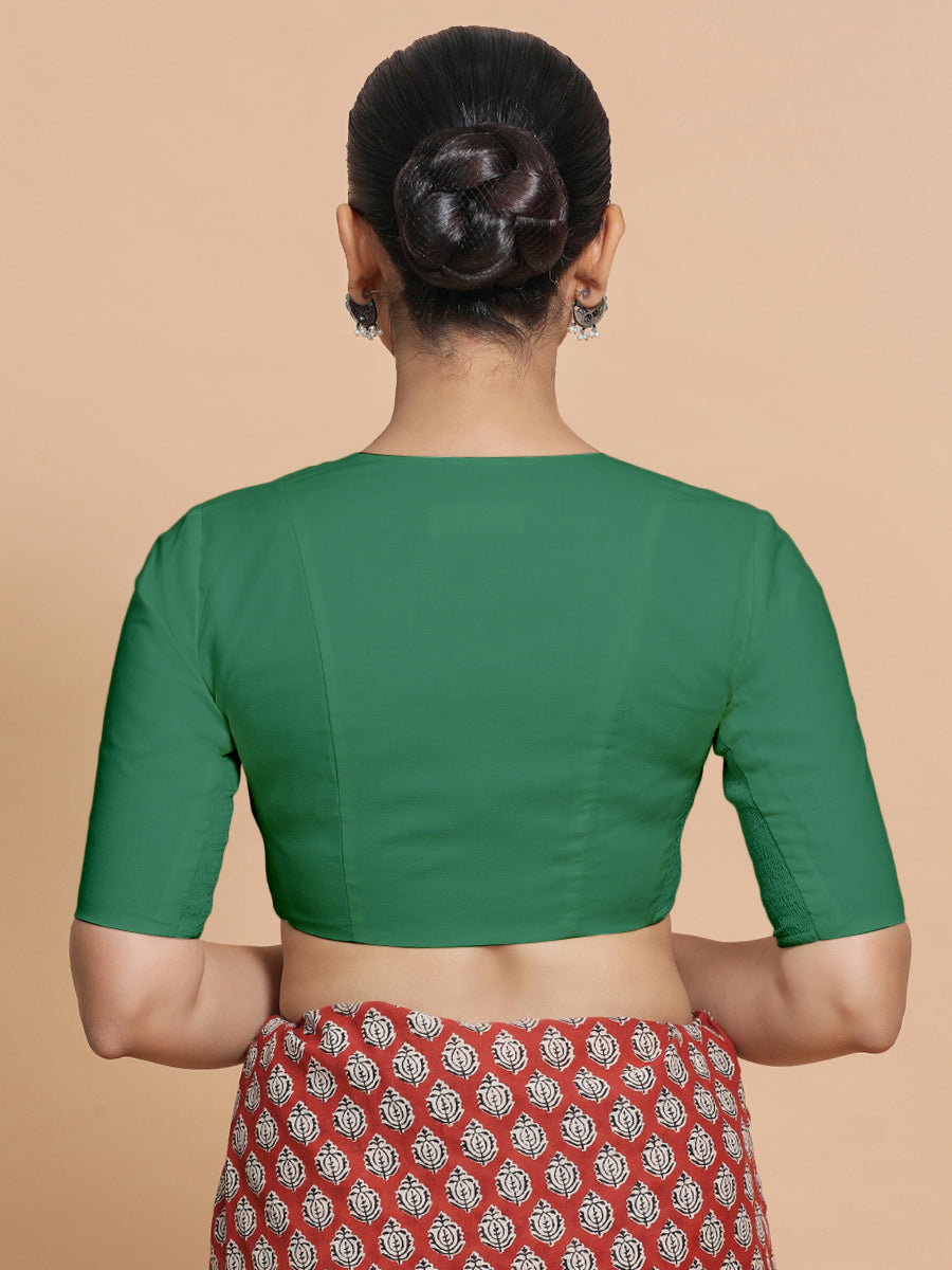 Koel x Rozaana Saree Blouse, in Green 100% Cotton - Solid, featuring elbow sleeves and round neckline, made for daily & work.