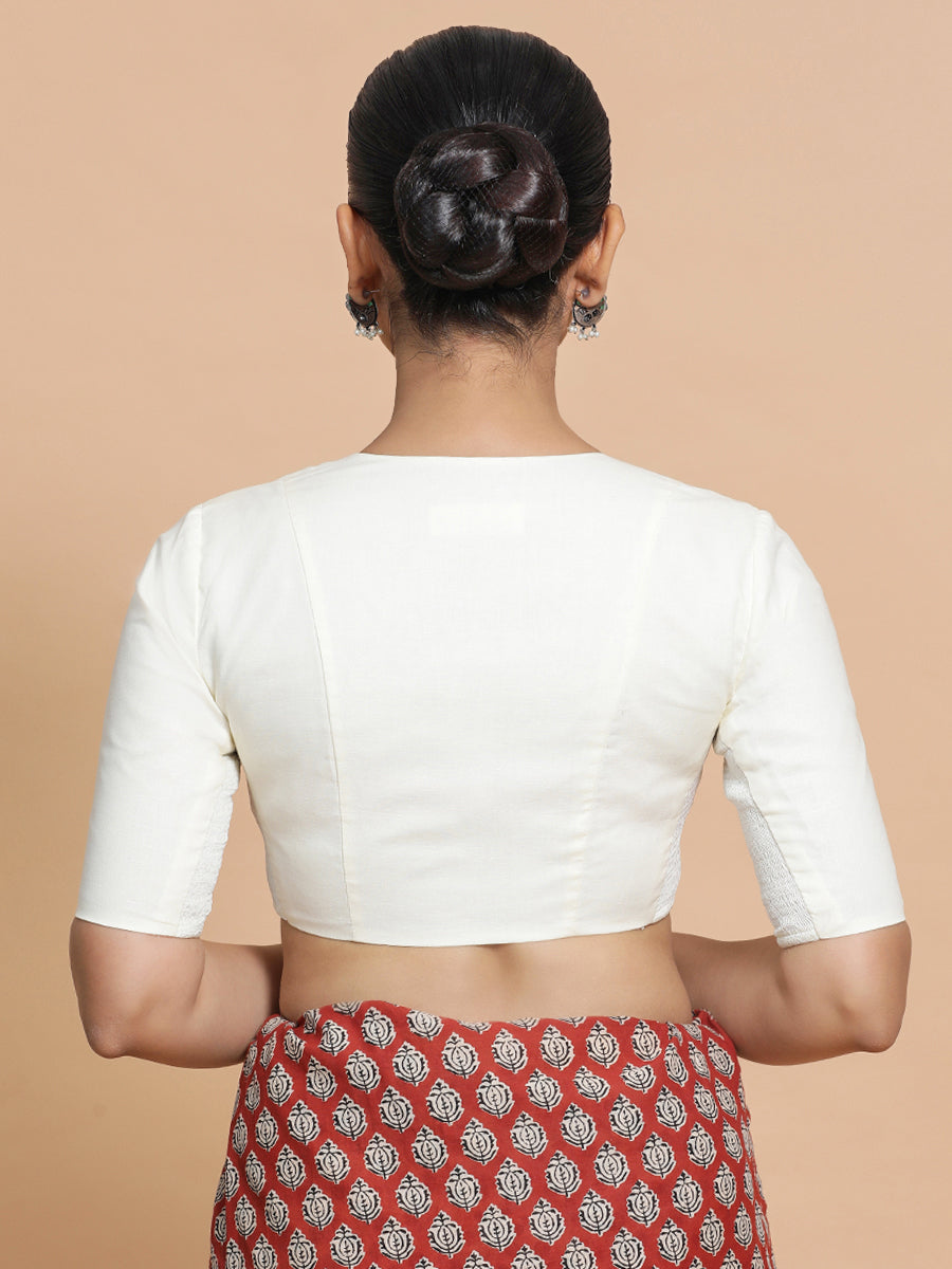 Koel x Rozaana Saree Blouse, in White Cotton, featuring elbow sleeves and round neckline, made for daily & work (view 2).