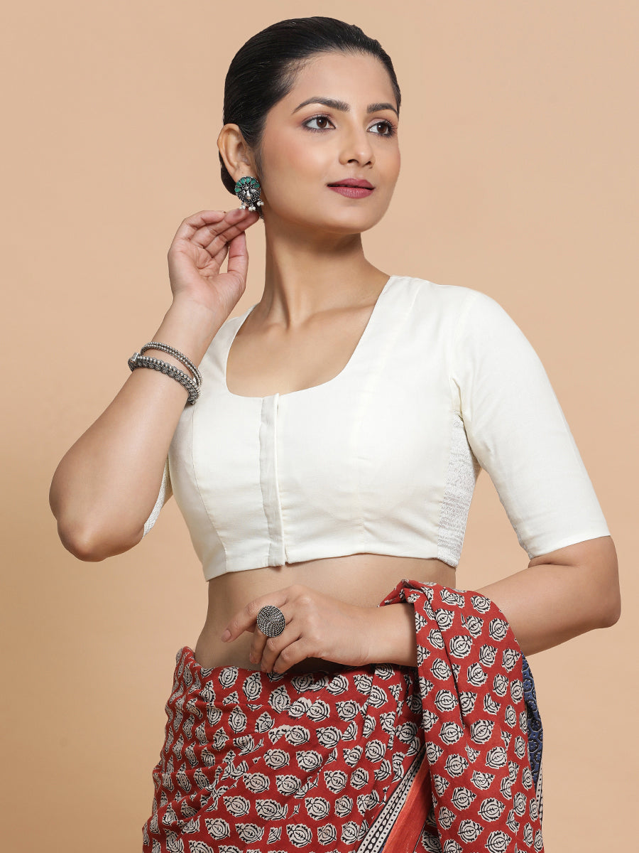 Koel x Rozaana Saree Blouse, in White Cotton, featuring elbow sleeves and round neckline, made for daily & work (view 7).
