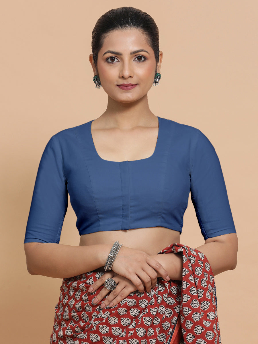 Koel x Rozaana Saree Blouse, in Blue 100% Cotton - Solid, featuring elbow sleeves and round neckline, made for daily & work.