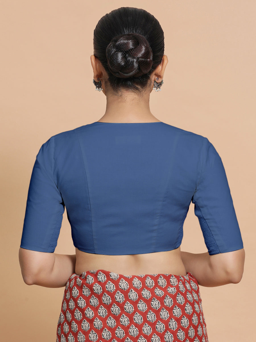 Koel x Rozaana Saree Blouse, in Blue 100% Cotton - Solid, featuring elbow sleeves and round neckline, made for daily & work.
