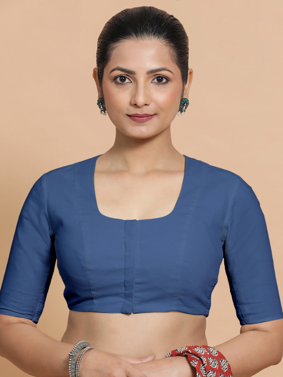 Koel x Rozaana Saree Blouse, in Blue 100% Cotton - Solid, featuring elbow sleeves and round neckline, made for daily & work.