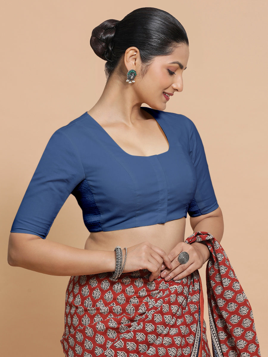Koel x Rozaana Saree Blouse, in Blue 100% Cotton - Solid, featuring elbow sleeves and round neckline, made for daily & work.