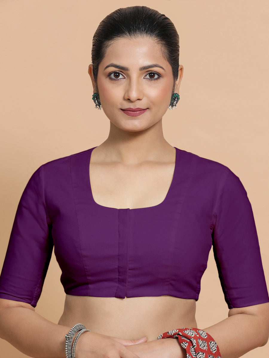 Koel x Rozaana Saree Blouse, in Purple Cotton, featuring elbow sleeves and round neckline, made for daily & work (view 5).