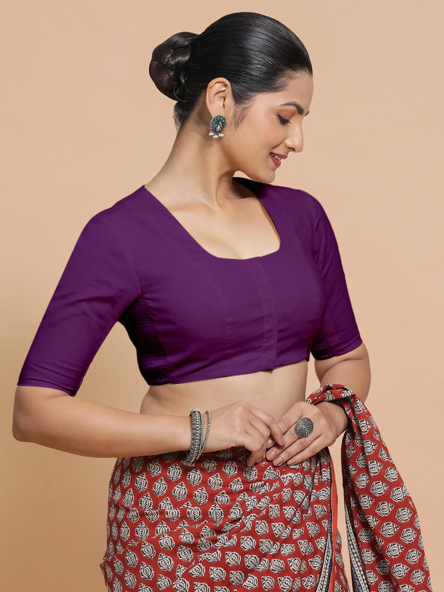 Koel x Rozaana Saree Blouse, in Purple Cotton, featuring elbow sleeves and round neckline, made for daily & work (view 6).