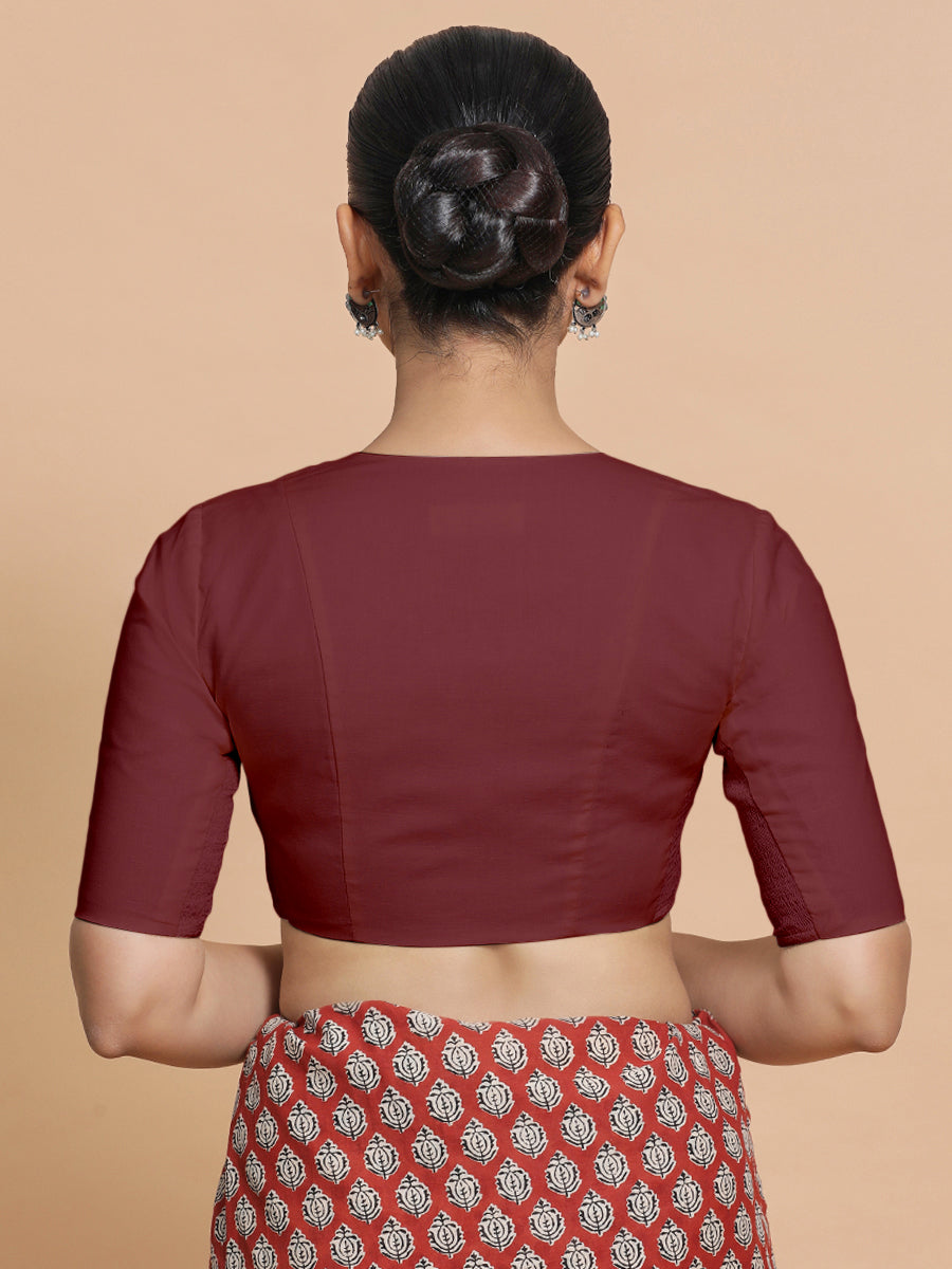 Koel x Rozaana Saree Blouse, in Maroon Cotton, featuring elbow sleeves and round neckline, made for daily & work (view 2).