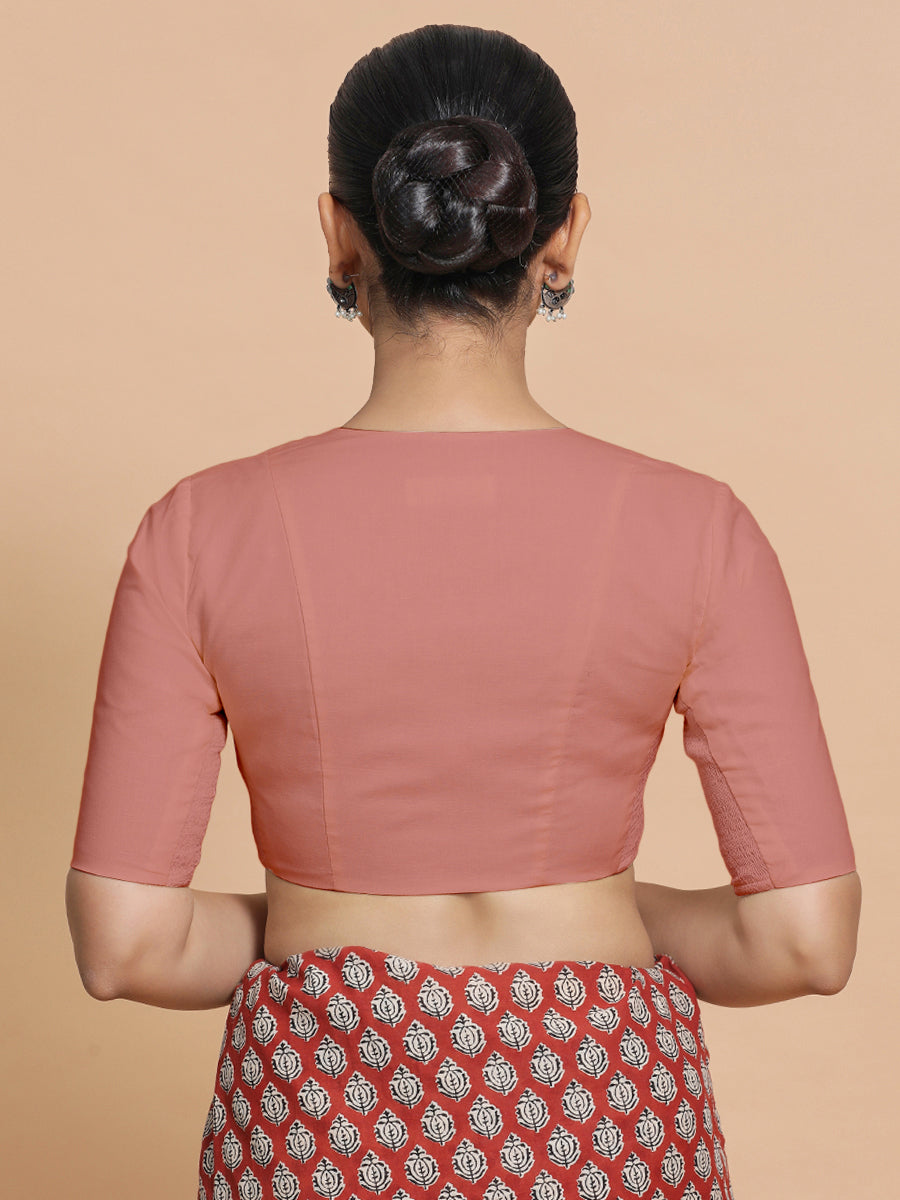 Koel x Rozaana Saree Blouse, in Peach Cotton, featuring elbow sleeves and round neckline, made for daily & work (view 2).